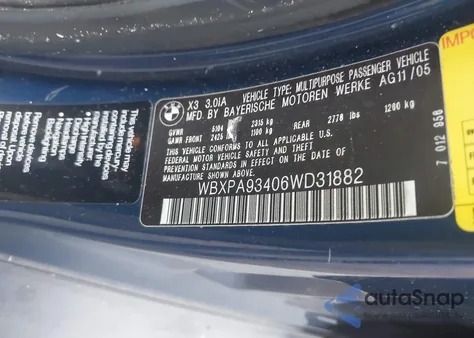 2006 BMW X3 3.0I from USA, damaged, VIN WBXPA93406WD31882